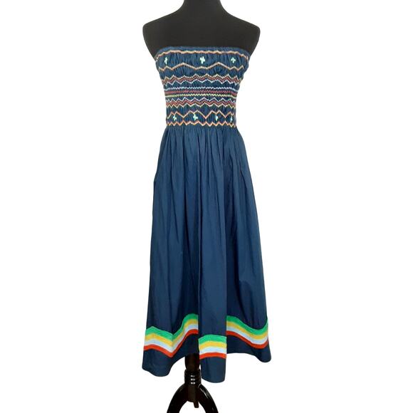 Corey Lynn Calter Queenie Dress Smocked Sleeveless Midi Dress Blue Embroidered L - Picture 2 of 10